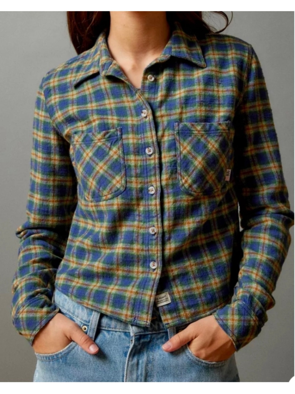 BDG Urban Outfitters Dakota Cropped Flannel Button Down Plaid Shirt Blue Green